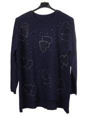 Italian Diamante Heart Detail Ribbed Knitted Jumper - Navy