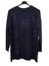 Italian Diamante Heart Detail Ribbed Knitted Jumper - Navy