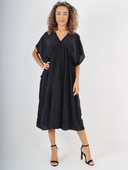 Italian Drawstring Flared Linen Dress - Black
