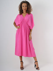 Italian Drawstring Flared Linen Dress - Cerise