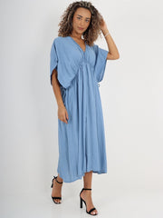 Italian Drawstring Flared Linen Dress - Denim