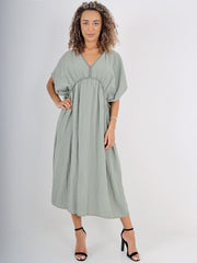 Italian Drawstring Flared Linen Dress - Khaki