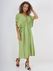 Italian Drawstring Flared Linen Dress - Lime Green