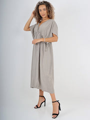 Italian Drawstring Flared Linen Dress - Mocha