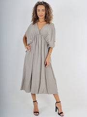 Italian Drawstring Flared Linen Dress - Mocha