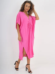 Italian Drawstring Side Split Linen Dress - Cerise