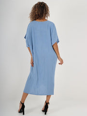 Italian Drawstring Side Split Linen Dress - Denim