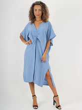 Italian Drawstring Side Split Linen Dress - Denim