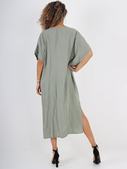 Italian Drawstring Side Split Linen Dress - Khaki
