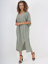 Italian Drawstring Side Split Linen Dress - Khaki