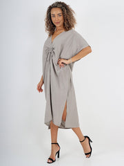 Italian Drawstring Side Split Linen Dress - Mocha