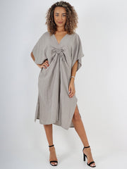 Italian Drawstring Side Split Linen Dress - Mocha