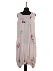 Italian Elasticated Hem Floral Linen Lagenlook Dress - Beige