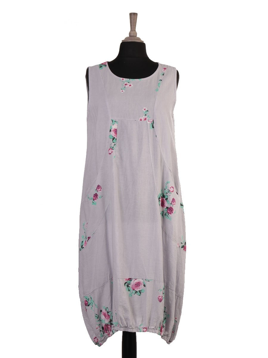 Italian Elasticated Hem Floral Linen Lagenlook Dress - Light Grey PureLino.com Italian Elasticated Hem Floral Linen Lagenlook Dress - Light Grey PureLino.com