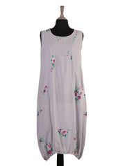 Italian Elasticated Hem Floral Linen Lagenlook Dress - Light Grey