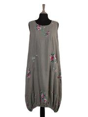 Italian Elasticated Hem Floral Linen Lagenlook Dress - Khaki