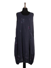 Italian Elasticated Hem Floral Linen Lagenlook Dress - Navy