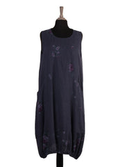 Italian Elasticated Hem Floral Linen Lagenlook Dress - Navy
