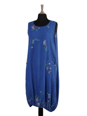 Italian Elasticated Hem Floral Linen Lagenlook Dress - Royal Blue