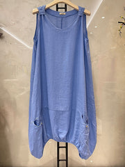 Italian Elasticated Hem Linen Lagenlook Dress - Denim