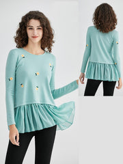 Italian Embroidered Flower Knitted Jumper With Chiffon Hem - Mint
