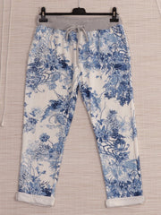 Italian Floral Cotton Summer Joggers With Side Pockets - White