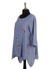 Italian Floral Print Asymmetric Hem Linen Tunic Top - Denim