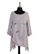 Italian Floral Print Asymmetric Hem Linen Tunic Top - Light Grey