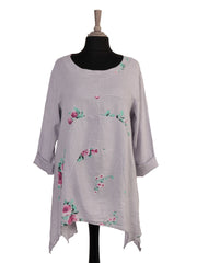 Italian Floral Print Asymmetric Hem Linen Tunic Top - Light Grey
