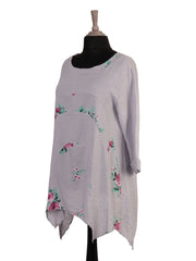 Italian Floral Print Asymmetric Hem Linen Tunic Top - Light Grey