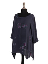 Italian Floral Print Asymmetric Hem Linen Tunic Top - Navy