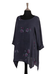 Italian Floral Print Asymmetric Hem Linen Tunic Top - Navy