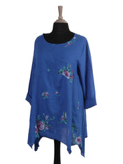 Italian Floral Print Asymmetric Hem Linen Tunic Top - Royal Blue