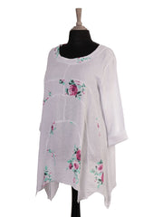 Italian Floral Print Asymmetric Hem Linen Tunic Top - White