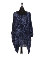 Italian Floral Print Plus Size Cotton Tunic Top - Navy