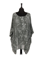 Italian Floral Print Plus Size Cotton Tunic Top - Khaki