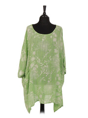 Italian Floral Print Plus Size Cotton Tunic Top - Lime Green