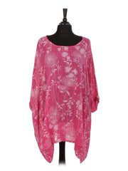 Italian Floral Print Plus Size Cotton Tunic Top - Cerise