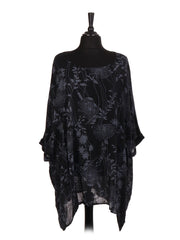 Italian Floral Print Plus Size Cotton Tunic Top - Black