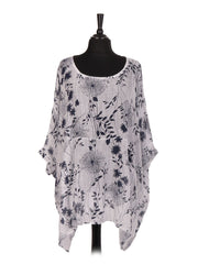 Italian Floral Print Plus Size Cotton Tunic Top - White