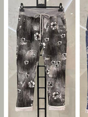 Italian Flower Printed Cotton Trousers - Black