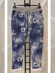 Italian Flower Printed Cotton Trousers - Denim