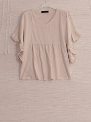 Italian Frilled Sleeves Linen Batwing Top - Beige