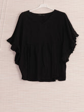 Italian Frilled Sleeves Linen Batwing Top - Black