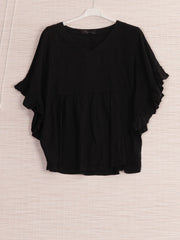 Italian Frilled Sleeves Linen Batwing Top - Black
