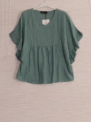 Italian Frilled Sleeves Linen Batwing Top - Mint