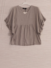Italian Frilled Sleeves Linen Batwing Top - Mocha