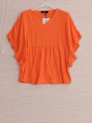 Italian Frilled Sleeves Linen Batwing Top - Orange