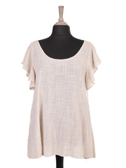 Italian Frilled Sleeves Smocked Back Flared Top - Beige