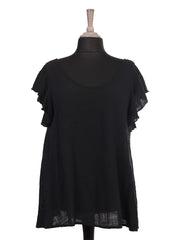 Italian Frilled Sleeves Smocked Back Flared Top - Black